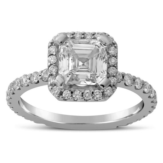 Asscher Cut Engagement Ring With Halo And Round Cut Side Diamonds A29