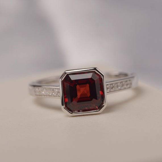 Asscher Cut Garnet Ring Bezel Setting Engagement Ring For Women January Birthstone