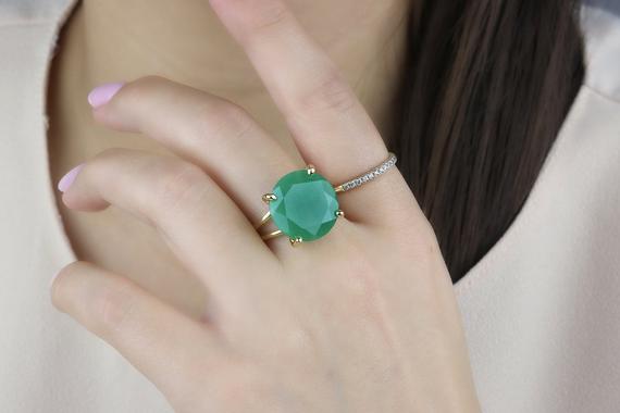 Natural Green Aventurine Ring · Round Cocktail Ring · Gold Ring For Women · Gemstone Ring · Vintage Ring · Bright Green Stone Ring