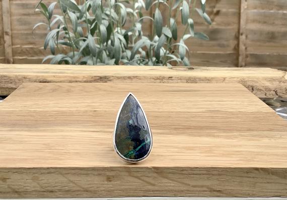 Womens Gemstone Silver Statement Ring, Azurite Malachite Teardrop Ring, Gift For Wife Or Girlfriend