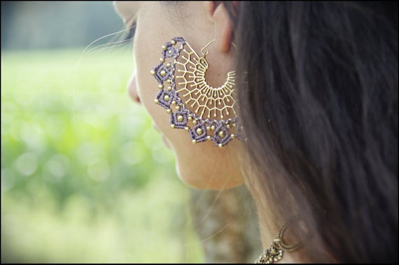 Large Macrame Earrings With Brass Details | Handmade Ethnic Earrings