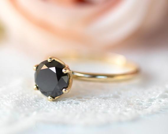 Black Diamond Ring, Black Engagement Ring,  Flower Ring, Unique Engagement Ring, Solitaire Ring, Diamond Gold Ring, Solitaire Diamond Ring