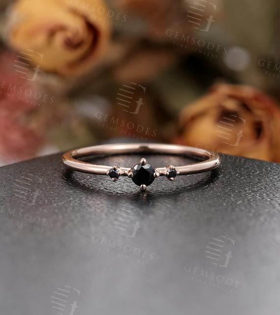 Black Onyx Engagement Ring Delicate Art Deco Ring Dainty Rose Gold Ring Vintage Diamond Prong Set Ring Bridal Anniversary Ring