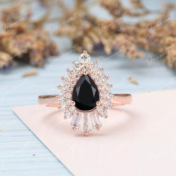 Black Onyx Engagement Ring Pear Vintage Solid Gold Wedding Ring Baguette Diamond Unique Art Deco Ring Bridal Promise Ring Anniversary
