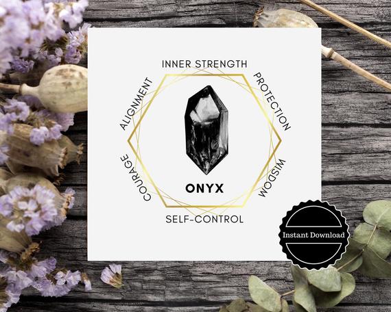 Black Onyx Gemstone Printable Crystal Meaning Card. Digital Download Crystal Sticker. Product Tags Printable Labels, Stickers Display Cards