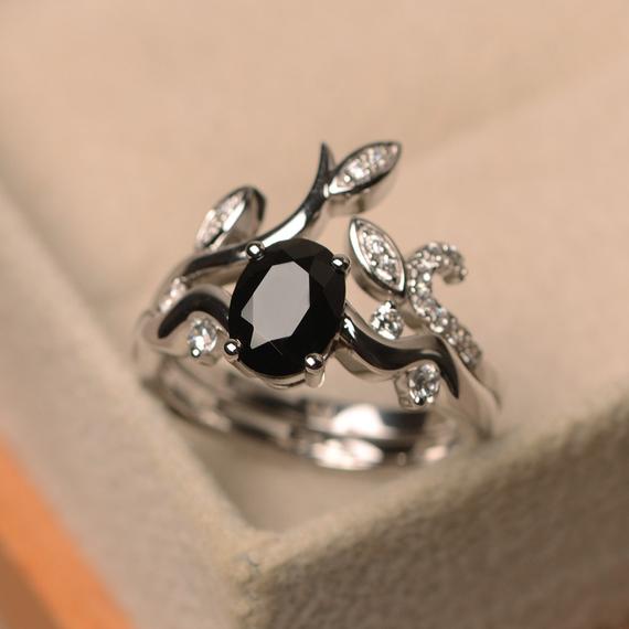 Black Spinel Ring, Oval Cut, Ring Set, Black Engagement Ring