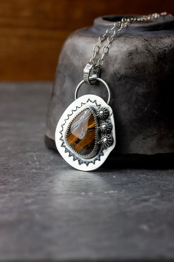 Black Sun | Tiger Iron Pendant With Sterling Silver Accents | Tiger's Eye Sterling Silver Necklace