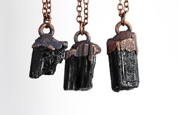 Black Tourmaline Necklace - Electroformed Copper Pendant - Crystal Layering Necklace