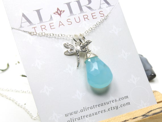 Blue Chalcedony Necklace Sterling Silver Wire Wrapped Natural Gemstone Drop Pendant Dragonfly Charm Birthday Christmas Gift For Her 5244