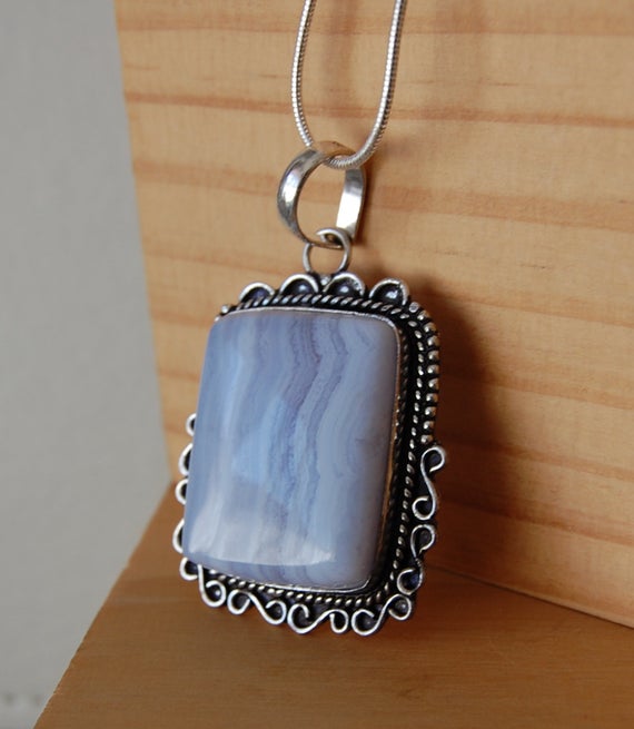 Blue Lace Agate Necklace, Blue Lace Agate Pendant, Artisan Jewelry, Grounding Stones, Calming Stones, Crystal Jewelry, Spiritual Jewelry,