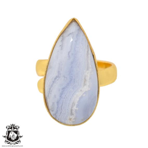 Size 7.5 - Size 9 Blue Lace Agate Ring Meditation Ring 24k Gold Ring Gpr932