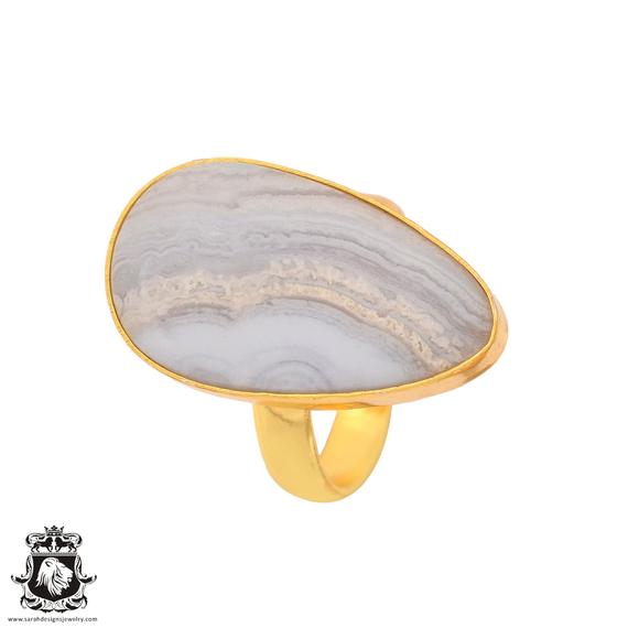 Size 8.5 - Size 10 Blue Lace Agate Ring Meditation Ring 24k Gold Ring Gpr927
