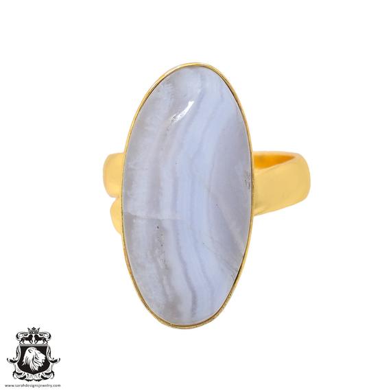 Size 6.5 - Size 8 Blue Lace Agate Ring Meditation Ring 24k Gold Ring Gpr933