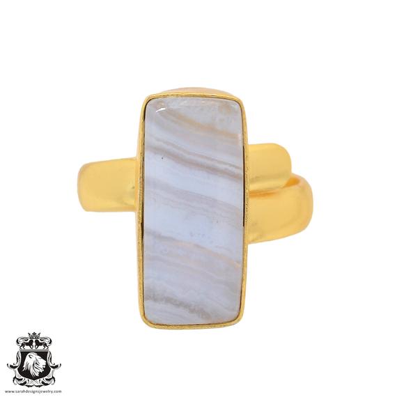 Size 7.5 - Size 9 Blue Lace Agate Ring Meditation Ring 24k Gold Ring Gpr934