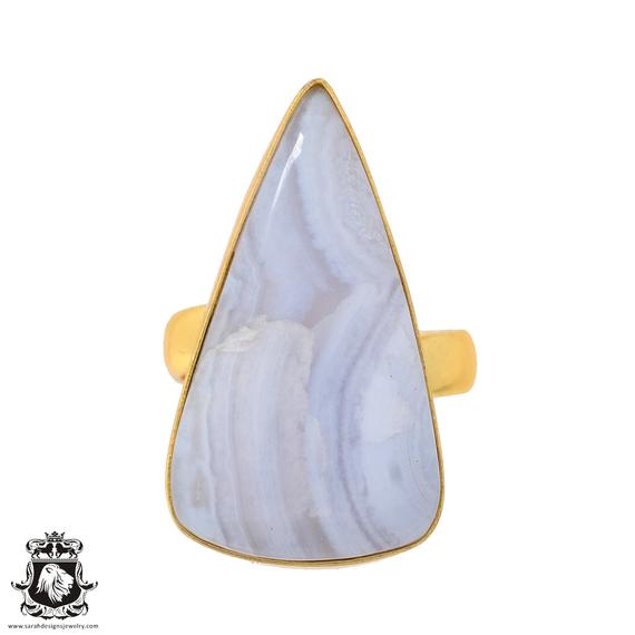 Size 7.5 - Size 9 Blue Lace Agate Ring Meditation Ring 24k Gold Ring Gpr935