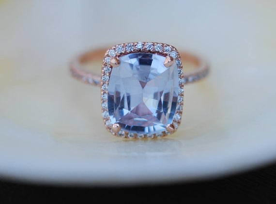 Blue Sapphire Engagement Ring. 14k Rose Gold Ring With Certified 5.6ct Cushion Blue Gray Sapphire. Engagement Ring By Eidelprecious