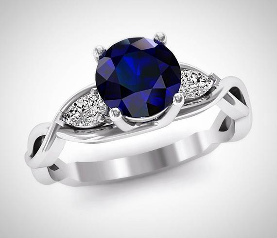 Blue Sapphire Engagement Ring, Pear Cut Natural Diamond Ring, 14k White Gold Solitaire Engagement Ring, Three Stone Wedding Ring