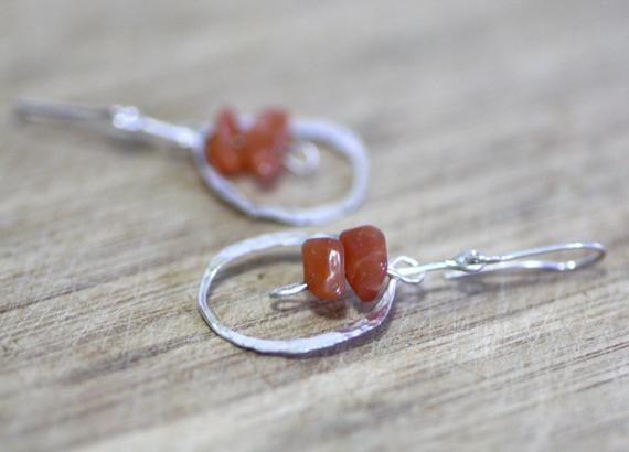 Natural Carnelian Earrings Hammered Circles Design In Solid Sterling Silver , July Birthstone , 17th Anniversary , From Canada Ooak