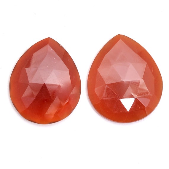 Carnelian Gemstone Color Quartz Loose 25x30mm Pear Rosecut Faceted Cabochon | Carnelian Hydro Quartz Semi Precious Gemstone Pair For Jewelry