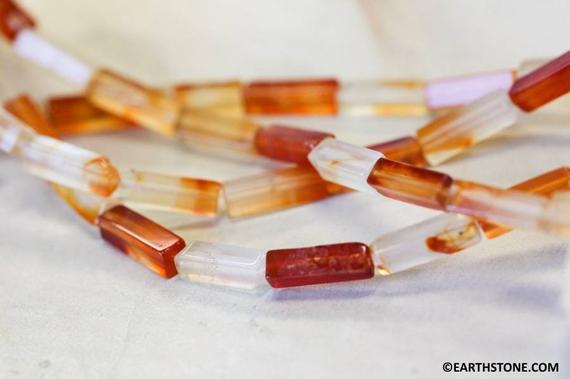 S/ Natural Carnelian 4x13mm Rectangle Beads 16" Strand Enhanced Red Orange White Color Shade Varies Nice For Earrings Designs
