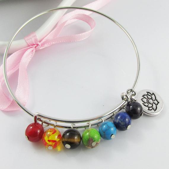 Chakra Bead Lotus Flower Charm Bracelet Bangle 64mm