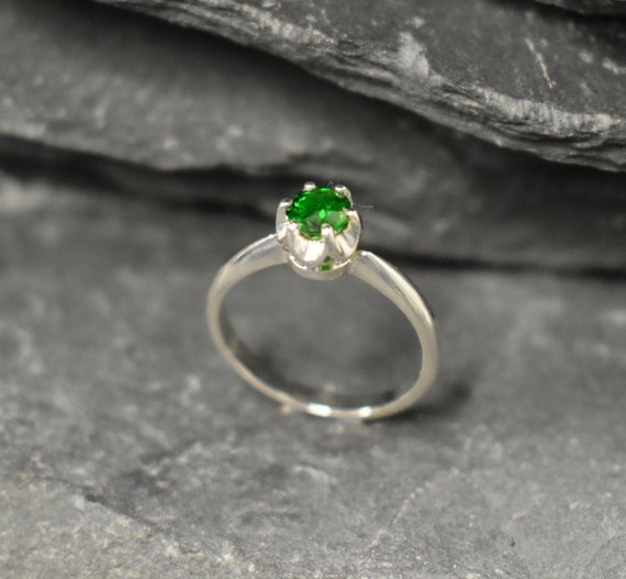 Natural Chrome Diopside Ring, Silver Green Ring, Solitaire Ring, Green Promise Ring, Round Silver Ring, Green Stone Ring, Bands By Adina