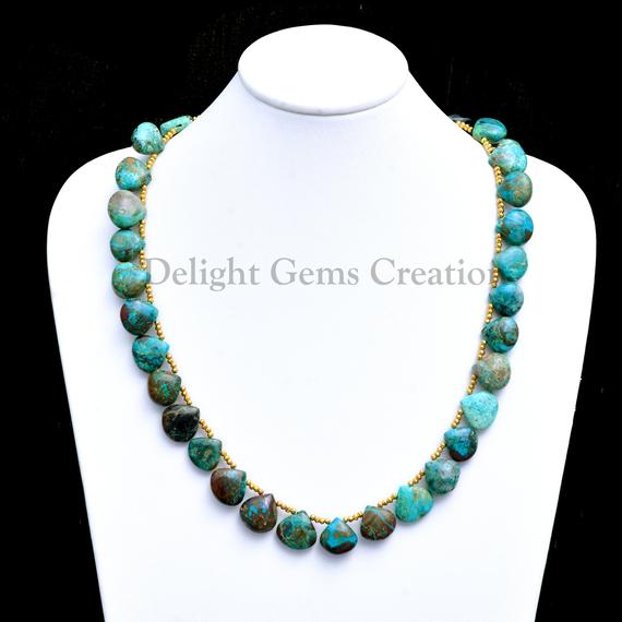 Chrysocolla Fancy Briolettes Beaded Necklace, 12x13mm Chrysocolla Fancy Pear Beads, Blue-green Chrysocolla Beaded Necklace, Party Necklace