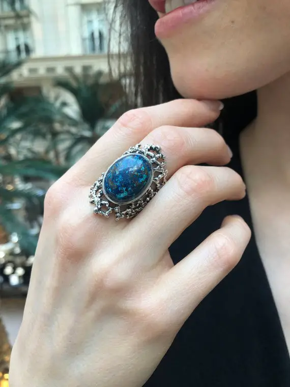 Blue Chrysocolla Ring, Natural Chrysocolla, Vintage Ring, Statement Ring, Aries Birthstone, Large Blue Ring, Chunky Ring, Solid Silver Ring