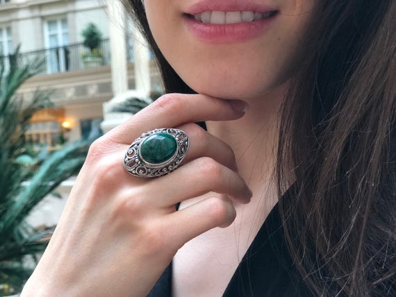 Green Vintage Ring, Natural Chrysocolla, Chrysocolla Ring, Vintage Ring, Statement Ring, Antique Ring, Massive Ring, Solid Silver Ring