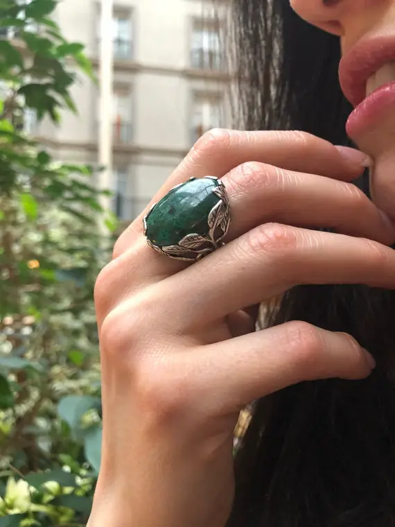 Chrysocolla Ring, Leaf Ring, Statement Ring, Vintage Ring, Large Green Ring, Floral Ring, Large Oval Ring, Artistic Ring, Solid Silver Ring
