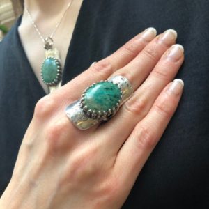 Shop Chrysocolla Rings! Long Green Ring, Chrysocolla Ring, Shield Ring, Tribal Ring, Symbolic Ring, Green Ring, Vintage Ring, Artistic Ring, Solid Silver Ring | Natural genuine Chrysocolla rings, simple unique handcrafted gemstone rings. #rings #jewelry #shopping #gift #handmade #fashion #style #affiliate #ad