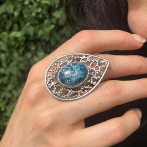 Shop Chrysocolla Rings! Chrysocolla Ring, Natural Chrysocolla, Vintage Ring, Statement Ring, Sagittarius Birthstone, Large Blue Ring, Chunky Ring, Solid Silver Ring | Natural genuine Chrysocolla rings, simple unique handcrafted gemstone rings. #rings #jewelry #shopping #gift #handmade #fashion #style #affiliate #ad