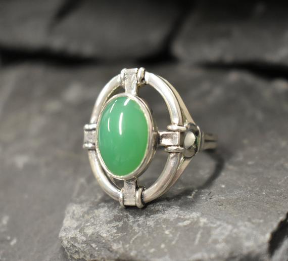 Chrysoprase Ring, Natural Chrysoprase, Antique Ring, Heavy Ring, Statement Ring, Viking Ring, Green Ring, Large Oval Ring, Solid Silver Ring