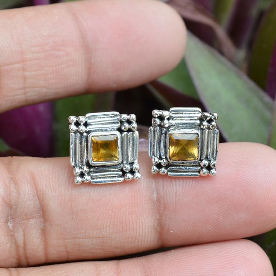 Genuine Citrine Studs, 925 Sterling Silver Earrings, Citrine 5x5mm Square Gemstone Earrings, Citrine Stud Earrings, Boho Studs, Women's Stud