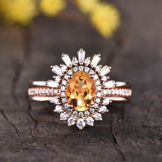 Citrine Engagement Ring Set Yellow Citrine Ring 14k Rose Gold Vintage Diamond Wedding Rings Gemstone Ring,antique Jewelry Citrine Cristal