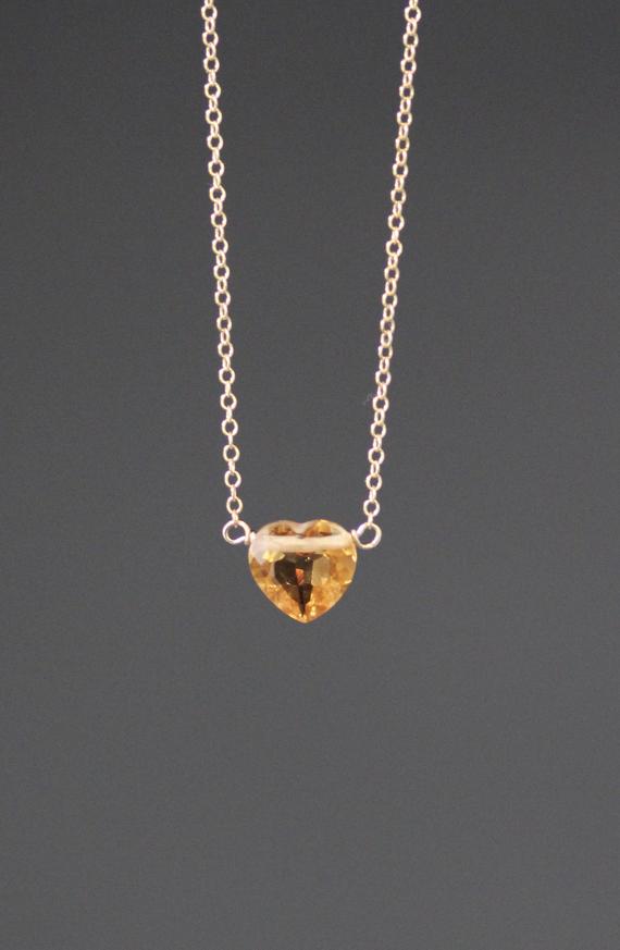 Citrine Necklace - Gemstone Heart Necklace - Small Heart Pendant - Yellow Gemstone Necklace