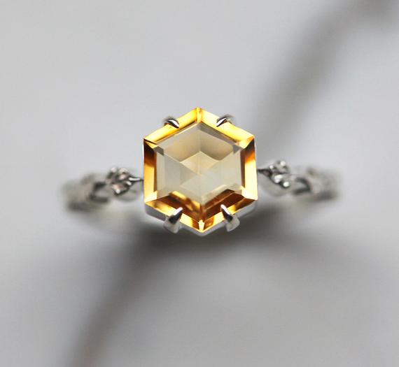Citrine Ring, Hexagon Cut Ring, Yellow Gemstone Ring, Twig Engagement Ring, Silver Nature Ring