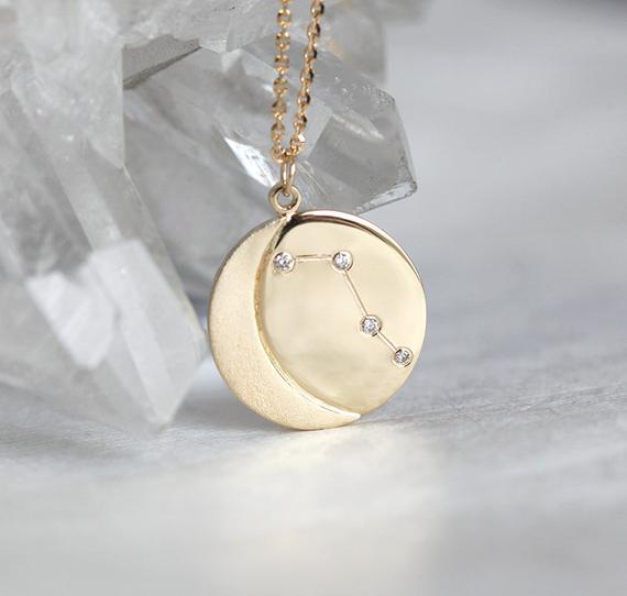 Constellation Necklace, 14k Diamond Zodiac Necklace, Star Sign Pendant, Zodiac Sign Jewelry