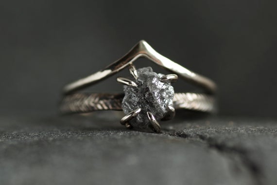 Set Of 2 Rings. Raw Grey Diamond Ring And Chevron Ring