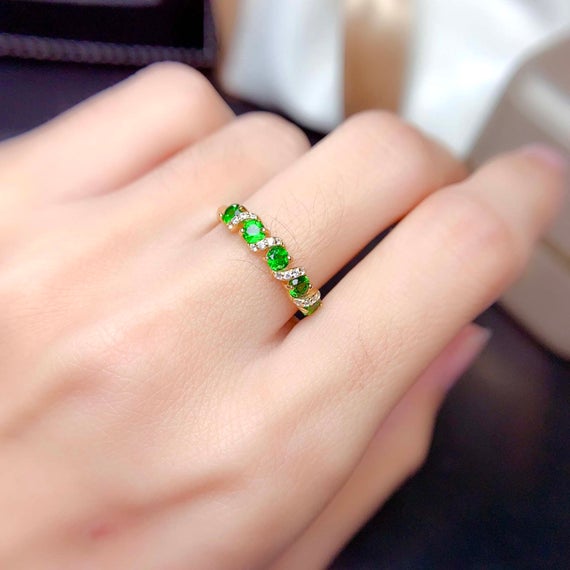 Chrome Diopside Band Ring | Multi Green Stones Ring | Handmade Diopside Stacking Ring | Gold Plated Ring | Diopside Jewelry | Dainty Gift