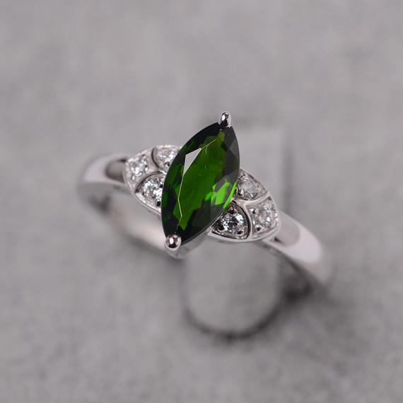 Diopside Ring Marquise Cut Green Gemstone Ring Sterling Silver Wedding Ring For Women