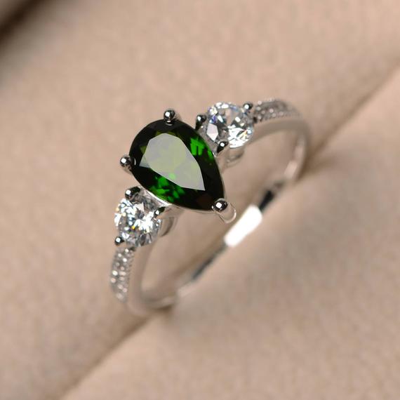 Natural Chrome Diopside Ring, Wedding Ring, Pear Cut Ring, Green Gemstone Ring, Sterling Silver Ring