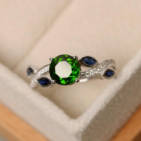 Natural Diopside Ring, Multistone Ring, Leaf Ring, Sterling Silver, Green Diopside Ring, Chrome Diopside Ring,