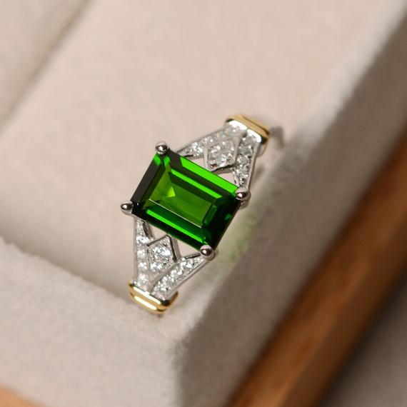 Diopside Ring, Yellow Gold, Emerald Cut Gemstone, Chrome Diopside, Sterling Silver, Claw Ring