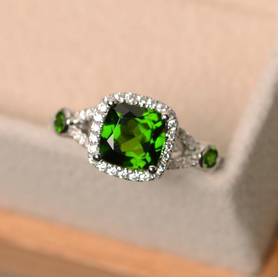Diospdie Ring, Cushion Cut Dopside, Chrome Diopside, Sterling Silver, Green Diopside Ring