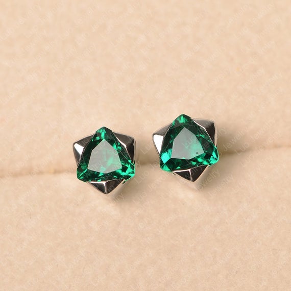 Emerald Earrings, May Birthstone, Trillion Cut, Solitaire Earrings, Sterling Silver,stud Earring