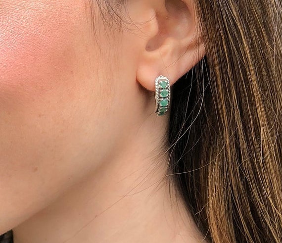 Emerald Earrings, Natural Emerald, Vintage Earrings, Natural Emerald, May Birthstone, Half Eternity Earrings, Solid Silver Earrings, Emerald