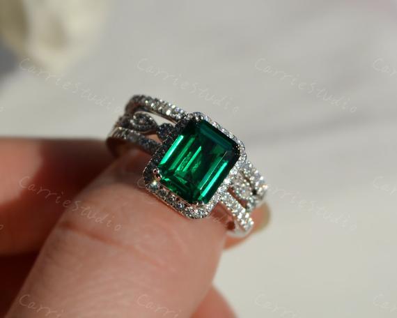 7*9 Mm Emerald Ring Set Emerald Engagement Ring Green Gem Ring Set Anniversary Ring Promise Ring
