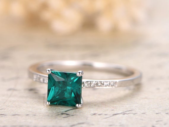 Emerald Engagement Ring 6mm Princess Cut Emerald Ring 14k White Gold May Birthstone Ring Diamond Halo Ring Pave Diamond Wedding Ring