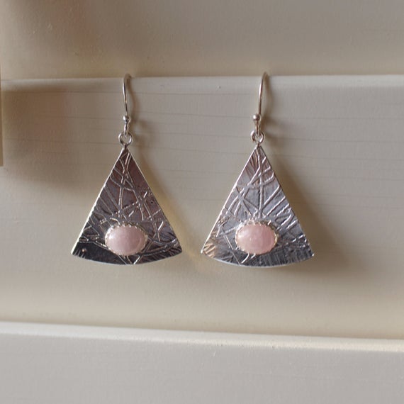 Etched Silver & Kunzite Drops Earrings | Silver Triangle Dangle Earrings